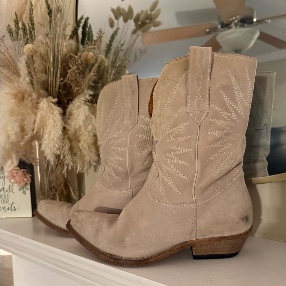Golden Goose Cream Suede Lace-Up Western Boots